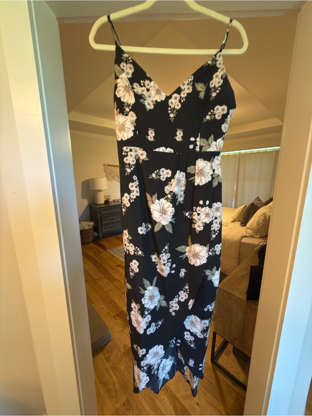 Black Floral V-Neck Spaghetti Strap Dress